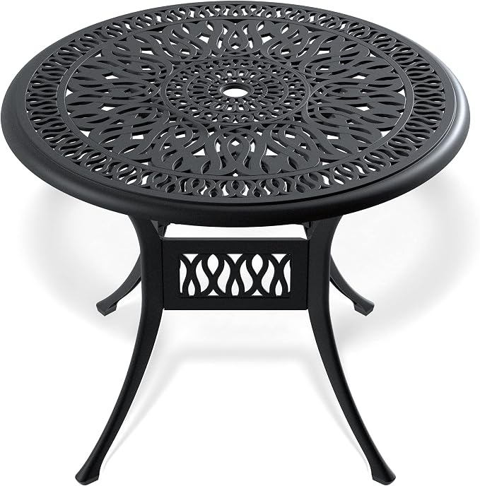 35.43" Round Cast Aluminum Patio Dining Table with Umbrella Hole, Weather-Resistant Black Frame, 160lbs Capacity, Easy Assembly for Outdoor Gatherings