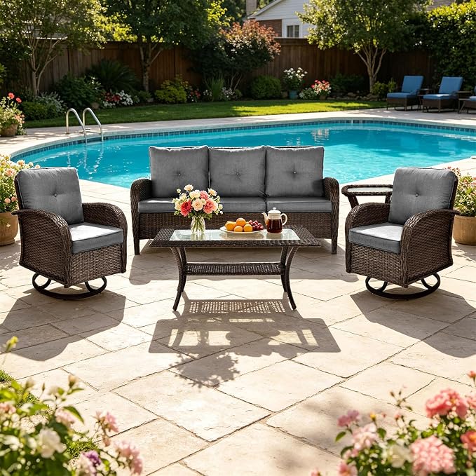 SHGJ&SOFT All Weather Patio Furniture Set, High Back Swivel Rocker Glider Chairs，Ottomans & Glass Tables, Outdoor Conversation Set for Deck Porch Yard Poolside (Grey, 5PCS-Sofa&Swivel Chairs&Tables)