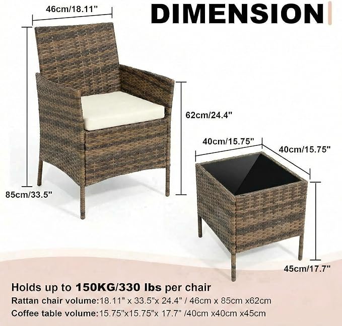 3 Piece Outdoor Patio Furniture Set, All-Weather Brown Wicker Rattan Conversation Set with Cushions, Chairs & Coffee Table for Porch, Backyard & Balcony