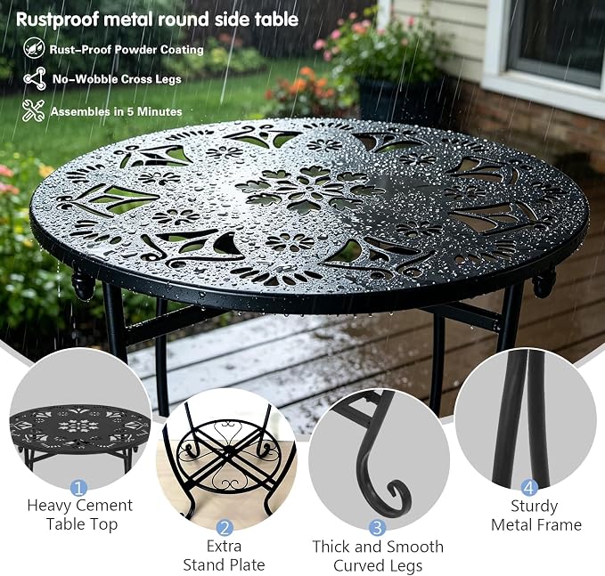 Fashion&cool 25" Outdoor Side Table, 2-Tier Round Metal Patio End Table, Heavy Duty Rust-Proof Coffee Table for Outside, Space Saving Balcony Sofa Small Table for Living Room Garden Deck, Black