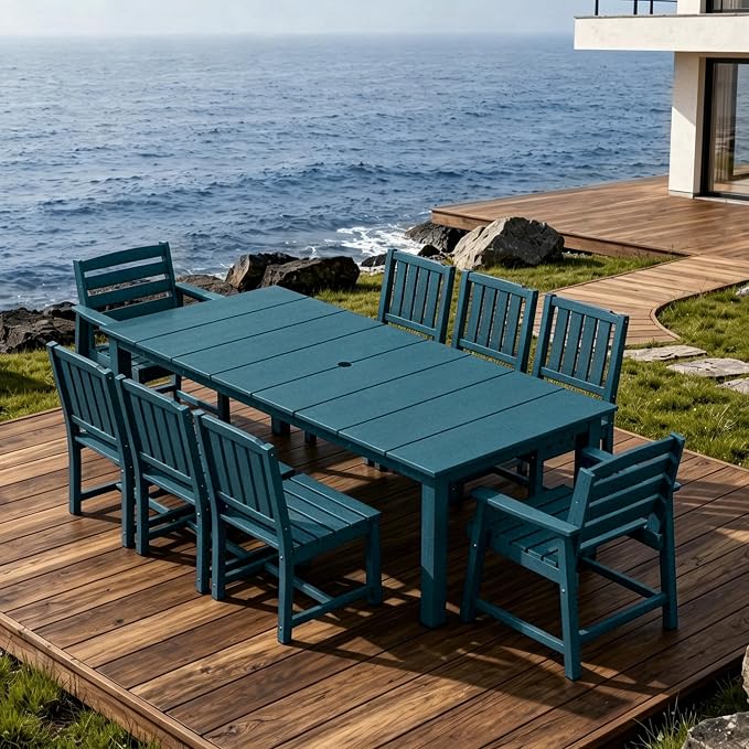AreShark Outdoor Dining Table,All Weather Rectangular Patio Table for 6,Heavy-Duty HDPE Table with Umbrella Hole and Aluminum Frame,Weatherproof Outdoor Furniture for Backyard, Garden,Navy Blue