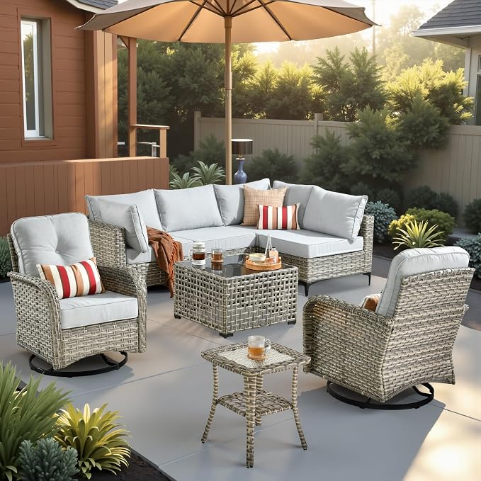 CAODOC Outdoor Sectional Patio Furniture Set,8 Pieces Wicker Conversation Sets L Shaped Couch,Out Door Sofa Outside Furniture with Swivel Chairs,Gray