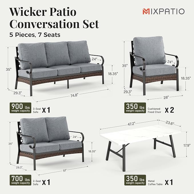 MIXPATIO Patio Furniture Set with Coffee Table, Outdoor Conversation Set with 2 x Fixed Chairs, 1 x 2-Seat Sofa, 1 x 3-Seat Sofa for Lawn Garden Backyard, Grey