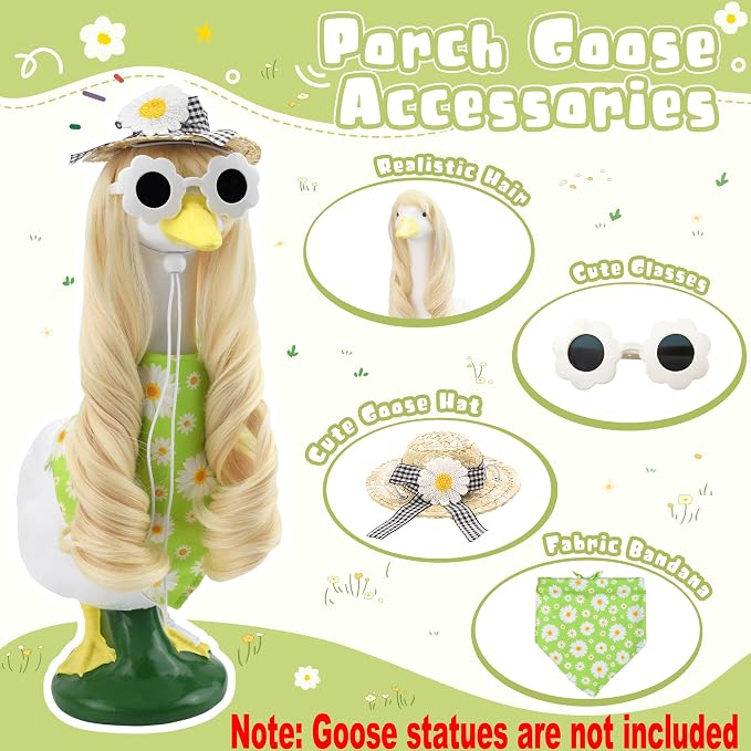 Summer Daisy Porch Goose Outfit 4 Pieces with Porch Goose Long Blonde Wig Daisy Floral Hat Bandana for Outdoor Decor for Lawn Goose Statues