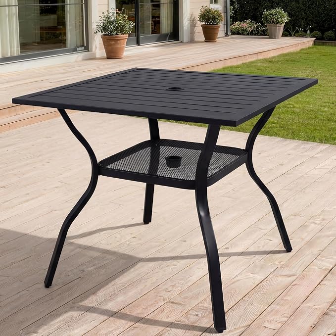 37" Outdoor Dining Table for 4 Person, Metal Rectangular Steel Slat Square Patio Dining Table with Adjustable Umbrella Hole for Garden, Partitioned Storage Rack, Backyard and Porch, Black