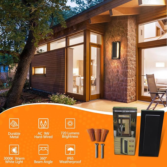 tewei 2 Pack Modern LED Outdoor Wall Lights, Black Exterior LED Wall Sconce Lighting Fixtures, Square Mini Indoor Wall Sconce, 360° Beam Angle, 3000K Warm White Outdoor Lights for House Porch