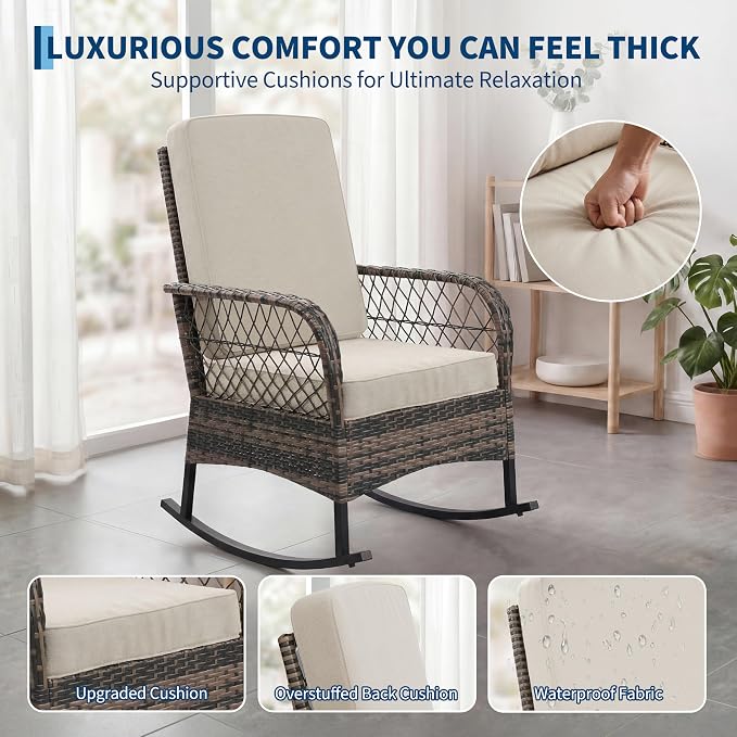 GarveeLife 3 Piece Outdoor Wicker Rocking Chair Set, Hollow Rattan Rocker Chairs with Side Table, Brown Gradient Wicker with Beige Cushions for Patio, Balcony, Garden