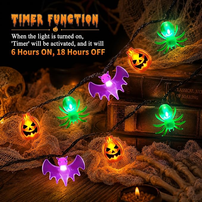 Mosoan [Timer] Halloween Lights 20Ft 30LED Battery Operated String Lights, Pumpkin Spider Bat Halloween Decorations Lights for Indoor Outdoor Party Home Yard Window Decor(Pumpkin Bat Spider)