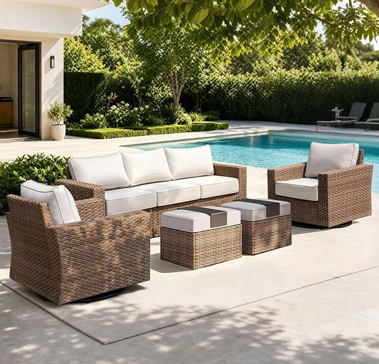 SUNSHINE VALLEY Swivel Glider 5 Piece Outdoor Furniture Set with Swivel Chairs, Wicker Patio Furniture with 4.92" Wide Armrest, 26.3" Deep Seating and 5.5" Thick Cushions, Grey