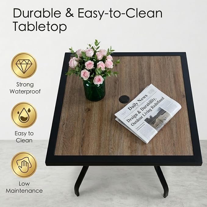 Kozyard 37" Square Outdoor Dining Table for 4, Patio Table with Umbrella Hole, Heavy Duty Steel Frame & Wood-Look Top, Weather Resistant Patio Table for Backyard, Balcony, Garden Black
