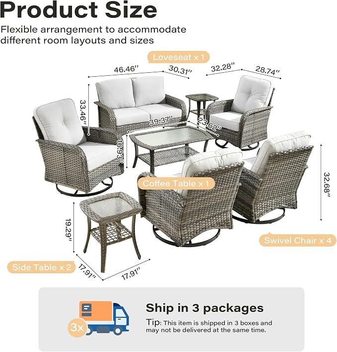 8 Pieces Patio Conversation Sets,Patio Furniture Set with Swivel Rocking Chairs,Coffee Table, Side Table, All Weather Rattan Wicker Outdoor Sectional Furniture Set for Porch Balcony Backyard Gray