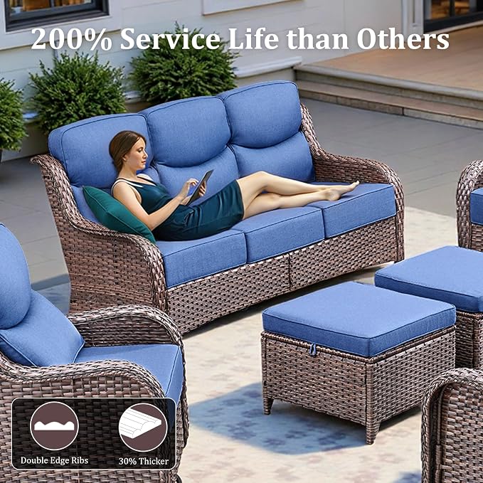 Luxury High Back Patio Furniture Set with 6-Inch Thick Cushions, 7-Pieces Outdoor Furniture with Swivel Chairs, Wicker Conversation Set for Porch, Balcony, Deck and Yard, Brown/Blue