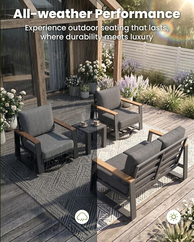 Outdoor Swivel Patio Chairs Set of 3, Aluminum Large 3-Piece Outdoor Patio Conversation Furntiure Set With Side Table, Luxury Wider Seat & High Back Bistro Table and Chairs Set of 3, Graphite