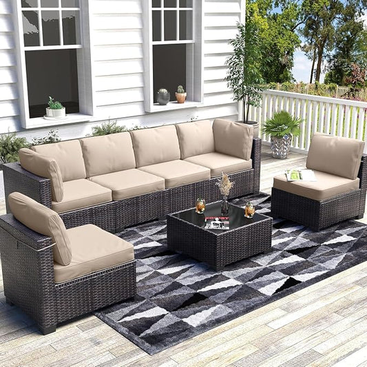 Garvee Patio Furniture Set, 7-Piece Outdoor Couches for Patio, Wicker Sectional Sofa with Coffee Table & Cushions
