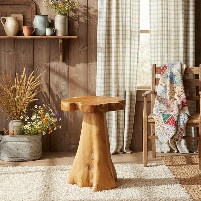 Teak Wood Stump Side Table 14"x15"x19" H Solid Natural Wood Live Edge Tree Stump Plant Stand Rustic Handmade Coffee End Table for Living Room Bedroom Outdoor Garden