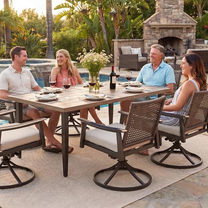 NATURAL EXPRESSIONS 7 Piece Patio Dining Set for 6 Outdoor Furniture Set,6 Pcs Outdoor Rattan Wicker Swivel Chairs with Woodgrain Armrest, 65" Large Dining Table with 1.65'' Umbrella Hole for Garden