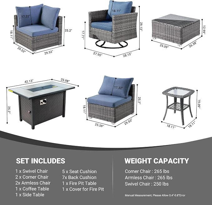 Weaxty 8 Piece Outdoor Sectional with Fire Pit Table, All Weather Wicker Patio Furniture Set with Swivel Rocker Chair Coffee Table, Thick Cushion Couch Conversation Sets for Garden Deck Backyard Blue