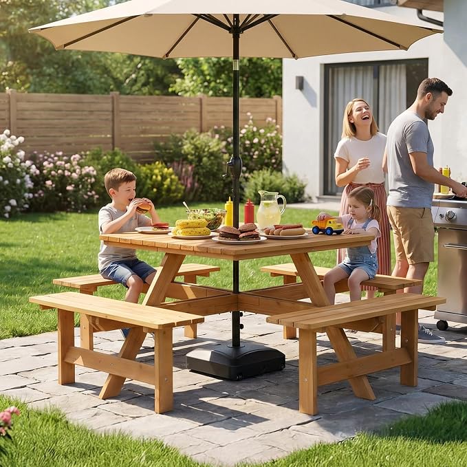 VINGLI 8-Person Wood Picnic Table Sqaure Picnic Table with Umbrella Hole and 4 Built-in Benches, Outdoor Dining Tables and Chairs 500 LBS Bench Capacity (Natural, Sqaure)