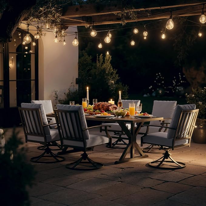ALAULM 7-Piece Patio Dining Set,Outdoor Metal Dining Set with 6 Swivel Chairs & Rectangle Table with 1.5 Umbrella Hole, Patio Dining Table and Chairs for Backyard, Grey