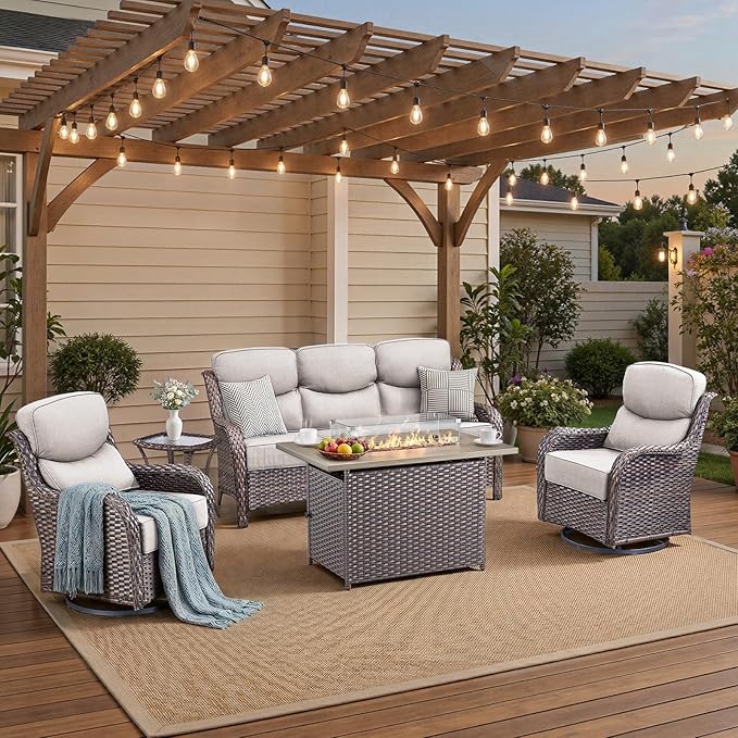 Luxury High Back Patio Furniture Set with 6-Inch Thick Cushions, 5-Pieces Outdoor Furniture with Swivel Chairs Fire Pit, Wicker Conversation Set for Porch, Balcony, Deck and Yard, Brown/Beige