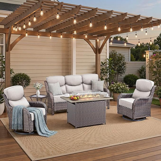 Luxury High Back Patio Furniture Set with 6-Inch Thick Cushions, 5-Pieces Outdoor Furniture with Swivel Chairs Fire Pit, Wicker Conversation Set for Porch, Balcony, Deck and Yard, Brown/Beige