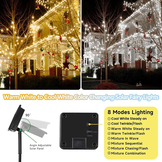 Solar Fairy Lights, 2 Pack Total 400LED 144FT Warm White to Cool White | Waterproof Color Changing Solar String Lights Outdoor, Copper Wire, 8 Modes Solar Twinkle Lights for Tree Garden Yard Decor
