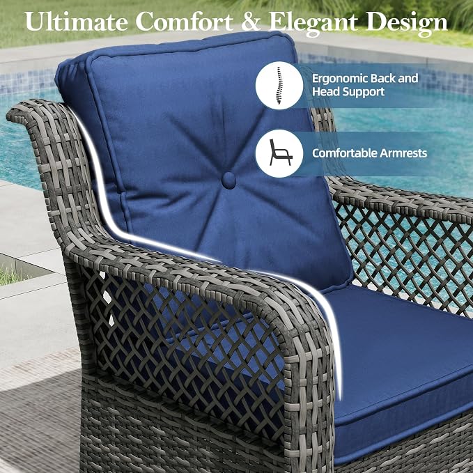 Outdoor Patio Furniture Set with Swivel Chairs and Ottoman, 6 Pieces All-Weather Wicker Patio Conversation Sets with Sofa and Coffee Table for Backyard, Porch, Balcony, Blue