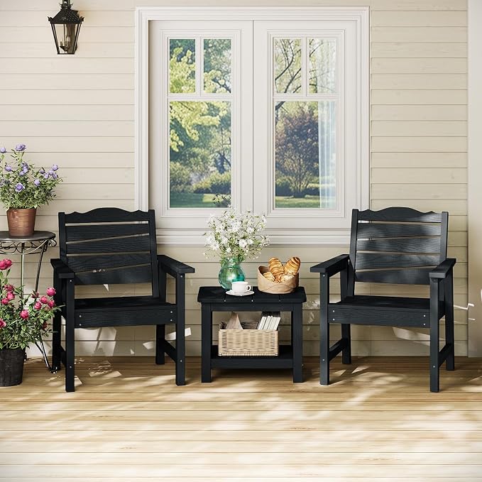 Patio Chairs Set of 2, Weatherproof HIPS Outdoor Dining Chair with Ergonomics Wide Seat, 400lbs Capacity Outdoor Chairs for Garden, Porch, Lawn & Backyard, Black