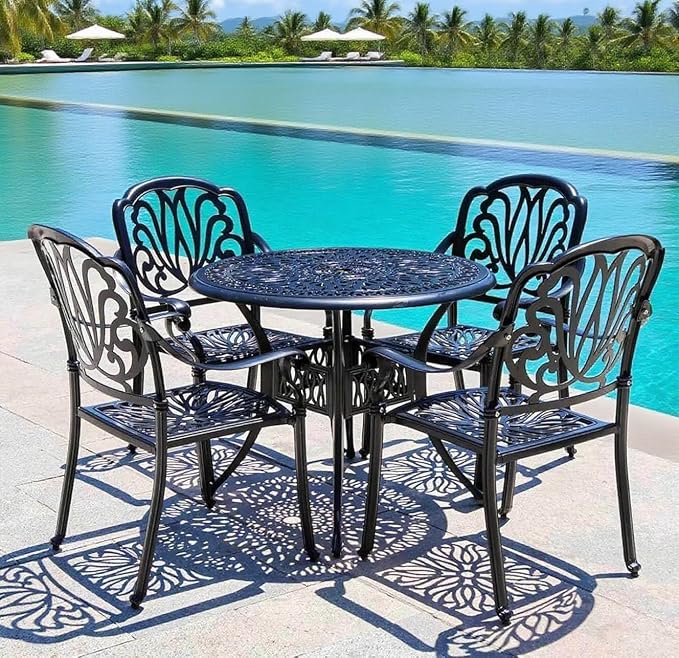 35" Outdoor Patio Table Cast Aluminum Dining Table,All Weather Metal Bistro Round Table with 2.4" Umbrella Hole for Garden,Backyard,Porch,Balcony,Black