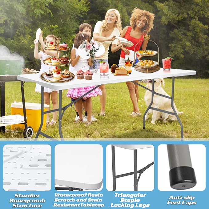 6FT Folding Table Portable Foldable Outdoor Camping Card Table Easy to Store Lightweight Durable Multi-Use Ideal for Picnics Parties Events and Home Use