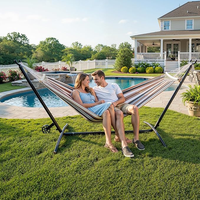 ONCLOUD Heavy Duty 550 LBS Hammock with Stand w/Wheel, Easy to Move, Included with Portable Carrying Bag, Upgraded Hammock with Stand for Outdoors & Indoors (Coffee w/Wheel)