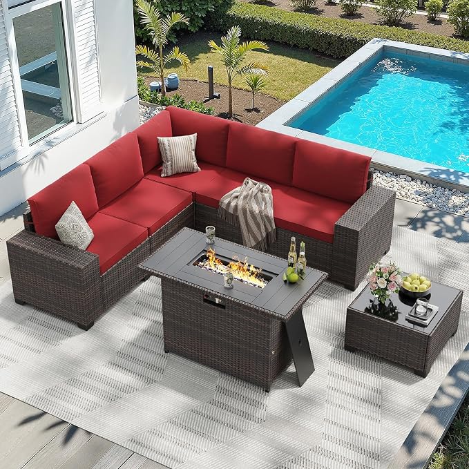 Soohow 7-Piece Patio Furniture Set with 44" Fire Pit Table, Outdoor Sectional Wicker Rattan Conversation Set for Garden, Porch, Backyard - Wine Cushions