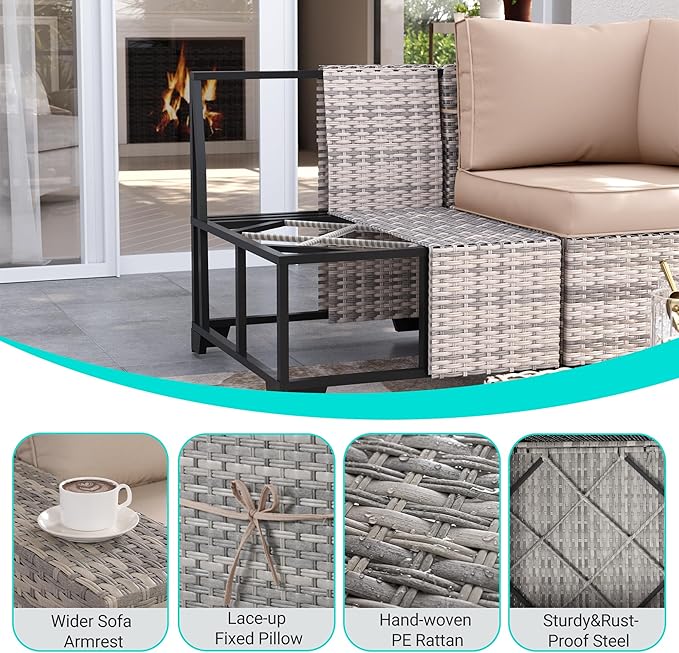 8-Piece Outdoor Patio Furniture Set Wicker Sectional Sofa Set with Ottomans, Patio Conversation Set with Thickened Cushions & Coffee Table for Garden, Backyard, Poolside, Beige