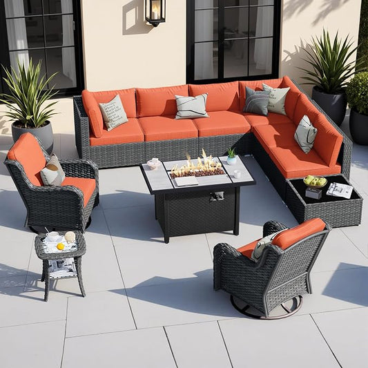 HOOOWOOO Outdoor Patio Furniture with Fire Pit Set 11 Pieces Patio Set with Fire Pit Wicker Outdoor Furniture with Fire Pit Table Set Patio Sectional Set with Swivel Chairs,Orange Red