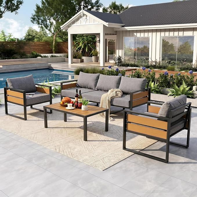 Furnimart Patio Furniture Set, 4-Piece Metal Outdoor Sectional, 5-Seat Patio Conversation Set with Deep Seating, Thick Cushions & Coffee Table for Backyard, Porch & Deck, Gray