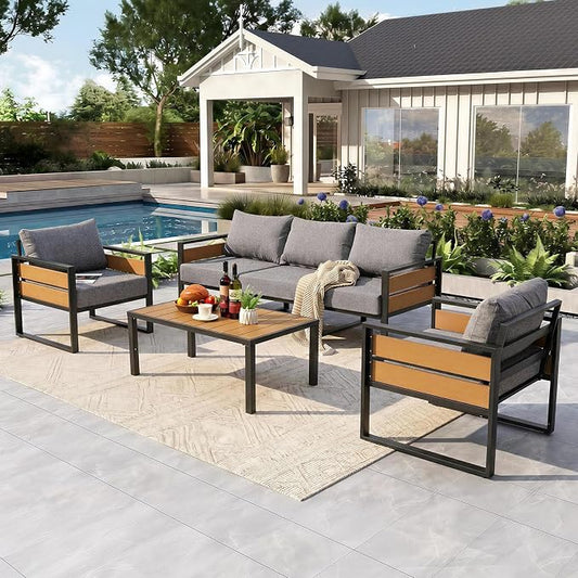 Furnimart Patio Furniture Set, 4-Piece Metal Outdoor Sectional, 5-Seat Patio Conversation Set with Deep Seating, Thick Cushions & Coffee Table for Backyard, Porch & Deck, Gray
