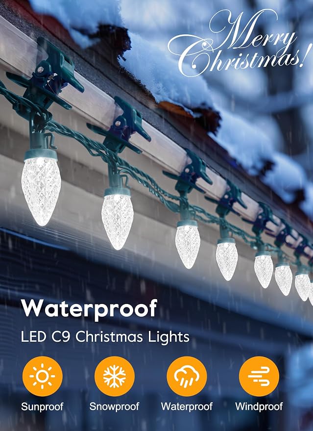 Brightown C9 LED Christmas Lights Outdoor, 68 Feet 100 LED C9 String Lights with 100 Spring Clips, Waterproof Connectable Christmas Tree Lights for Outside Roofline Patio Home Xmas Decor, Pure White