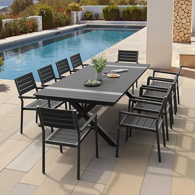 Pellebant 94" Outdoor Dining Table for 8-10, 8ft Aluminum Patio Table with Umbrella Hole, Weather Resistant Black Wood Grain Tabletop and Sturdy Frame for Deck, Porch, Backyard