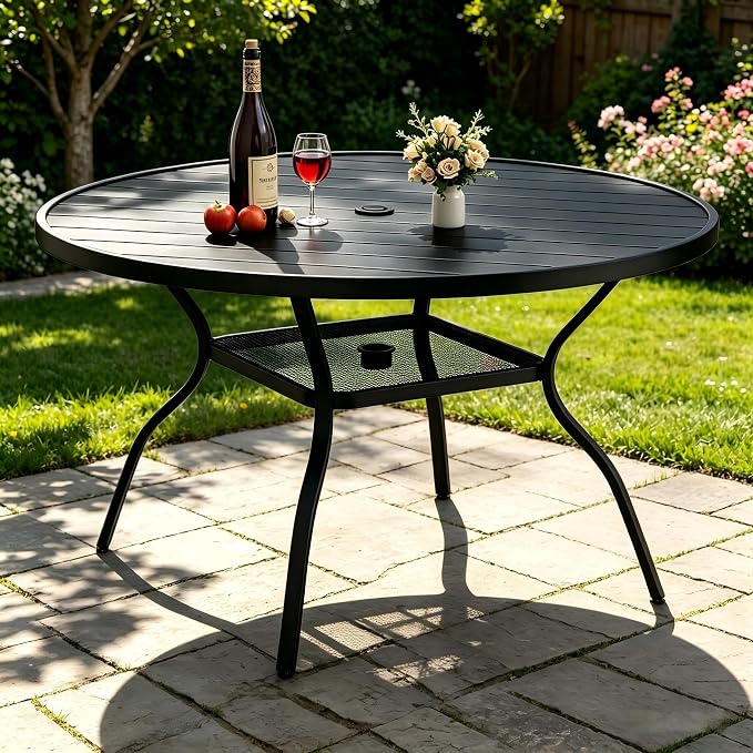 47.3 Inch Outdoor Dining Table for 6 – E-Coating Metal Round Patio Table with Adjustable 1.57" Umbrella Hole, All-Weather Table for Porch, Garden, Backyard, Poolside, Lawn