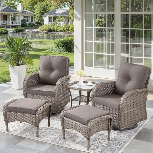 5 Pieces Outdoor Wicker Patio Furniture Set-High Back Outdoor Rocking Chairs Set of 2 with Ottoman Patio Conversation Sets for Deck Lawn Porch Balcony Poolside-Grey/Grey