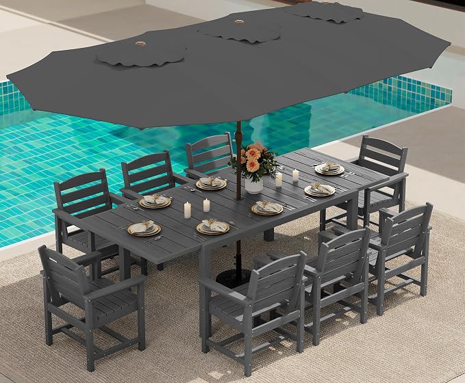 SERWALL 10-Piece Patio Dining Sets with 15FT Patio Umbrella, Grey | 60" - 83" Expandable Outdoor Dining Table and 8 HDPE Chairs, All Weather HDPE Outdoor Furniture Set
