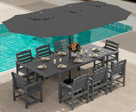SERWALL 10-Piece Patio Dining Sets with 15FT Patio Umbrella, Grey | 60" - 83" Expandable Outdoor Dining Table and 8 HDPE Chairs, All Weather HDPE Outdoor Furniture Set