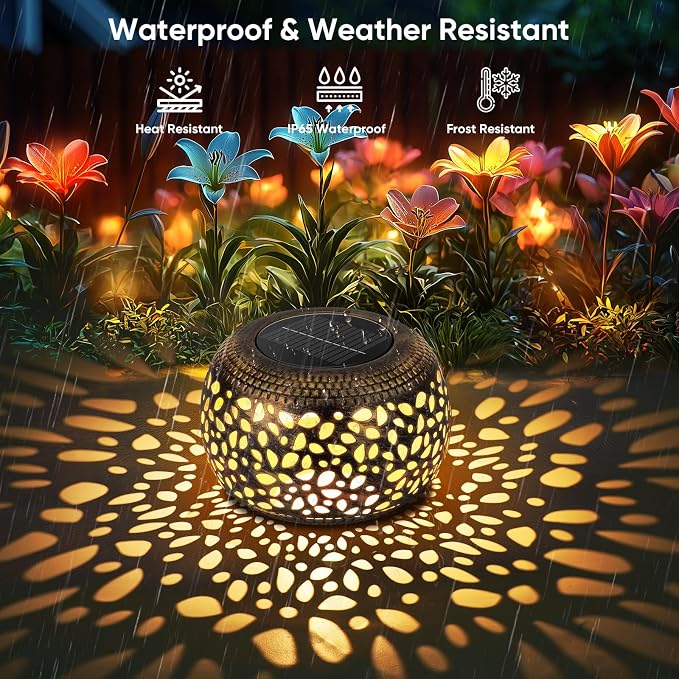 Solar Lanterns Waterproof Outdoor Decor: 2 Pack Hollow Out Retro Metal Solar Lights - Unique Gardening Gifts for Women Mom - Outside Garden Yard Patio Porch Tabletop Decorations 2 Lighting Colors