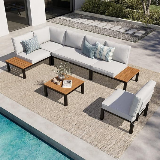 MFSTUDIO 6 Pieces Patio Furniture Set, Metal Outdoor Sectional Sofa Modular Outdoor Couch, Modern Patio Conversation Set with Coffee Table for Backyard, Garden