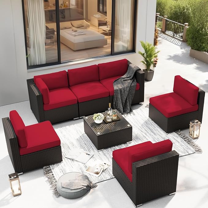 SUNCROWN Outdoor Patio Furniture Sofa Set 7 Piece All-Weather Wicker Sectional Conversation Set with Modern Glass Coffee Table, Cushions and A Waterproof Cover -Red