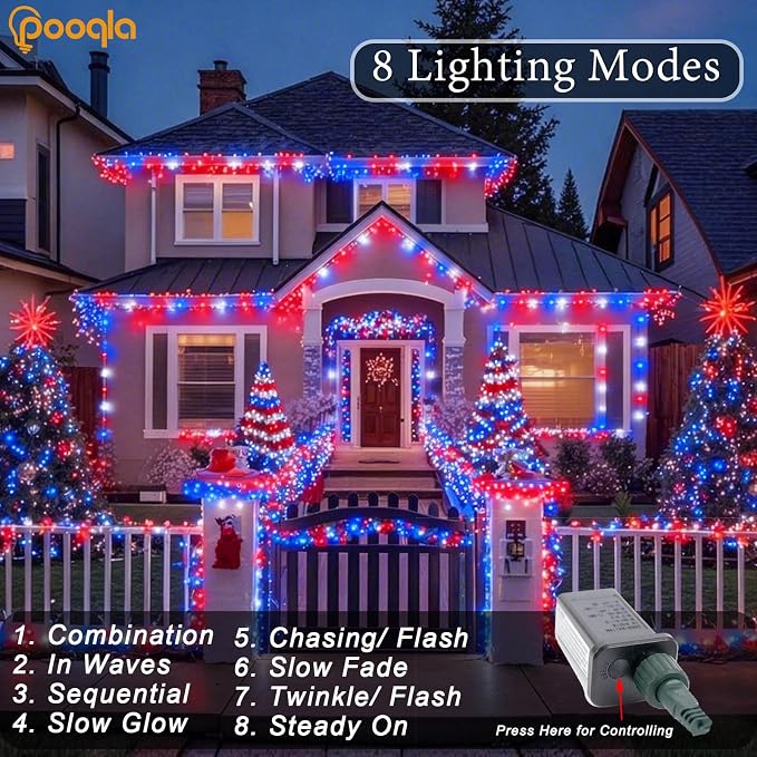 500 LED Red White and Blue 4th of July Lights Outdoor, 164 ft | Green Wire Waterproof Patriotic String Lights with Timer, 8 Modes Connectable Twinkle Fairy Lights Independence Day Decor