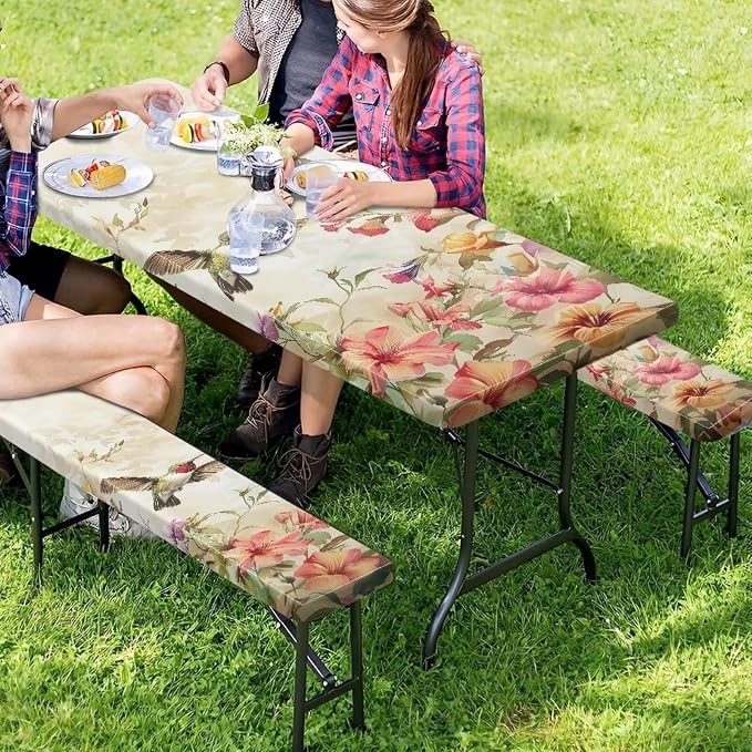 Hummingbird Picnic Table Cover with Bench Covers Elastic Fitted Water Resistant Windproof Tablecloth with Storage Bag - 94x30 Inches 3Pcs Set Patio Table Cover for Outdoor Camping Garden