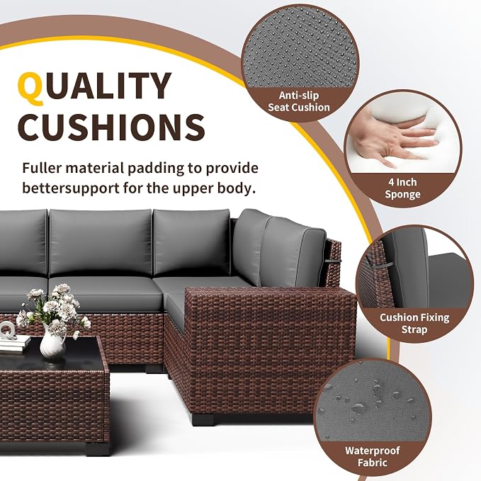 Outdoor Patio Furniture Set, 8‘’ Wide armrest Outdoor Sectional Rattan Sofa Set, Wicker Patio Furniture Sets w/Coffee Table,Thick Cushions for and Cover for Porch, Deck,8 PCS(Brown&Grey)