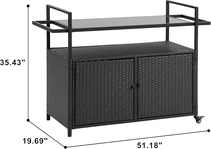Outdoor Kitchen Island Wicker Rattan Bar Table, Glass Top Patio Serving Cart Rolling Bar Cart with 2-Tier Shelf & Cabinet for Patio Poolside Party (Black)