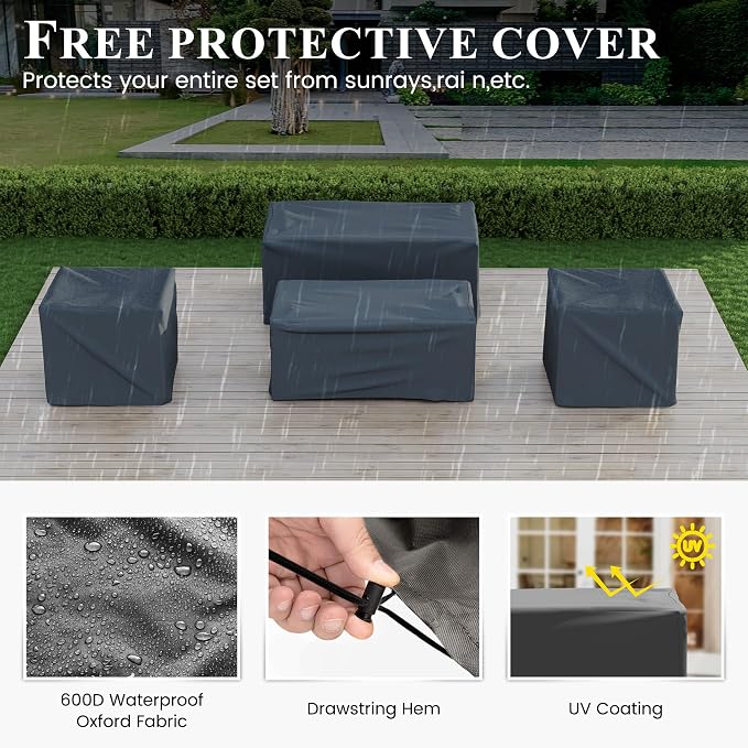 Patio Furniture Set with Fire Pit Table, Aluminum Patio Furniture Set,Grey Outdoor Metal Sectional Sofa with Aluminum Fire Pit Table for Garden Backyard (Include Waterproof Cover)